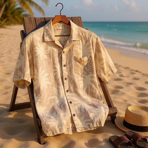 Tommy Bahama Other - Tommy Bahama 100% Silk Palm Tree Hawaiian Silk Camp Shirt in Tan/Cream Sz L